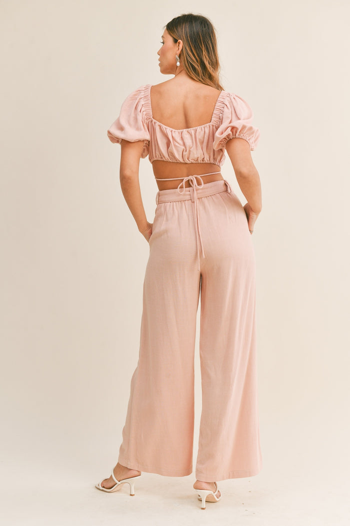 Drawstring Crop Top and Belted Pants Set