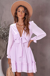 Tied Plunge Flounce Sleeve Dress