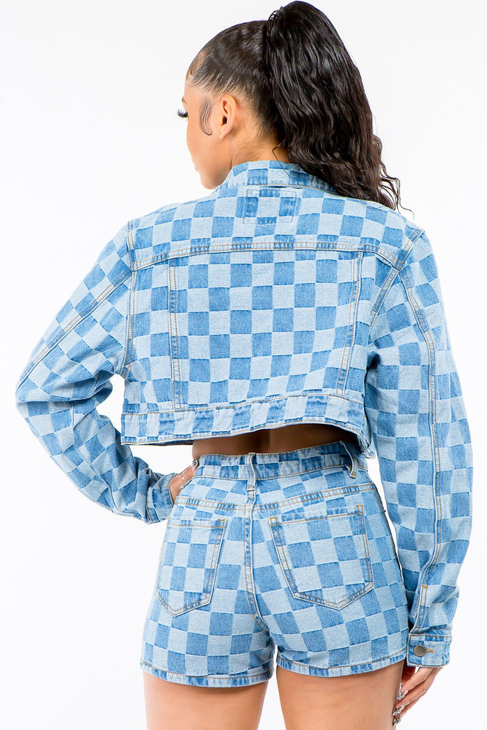 Checkered Cropped Denim Jacket