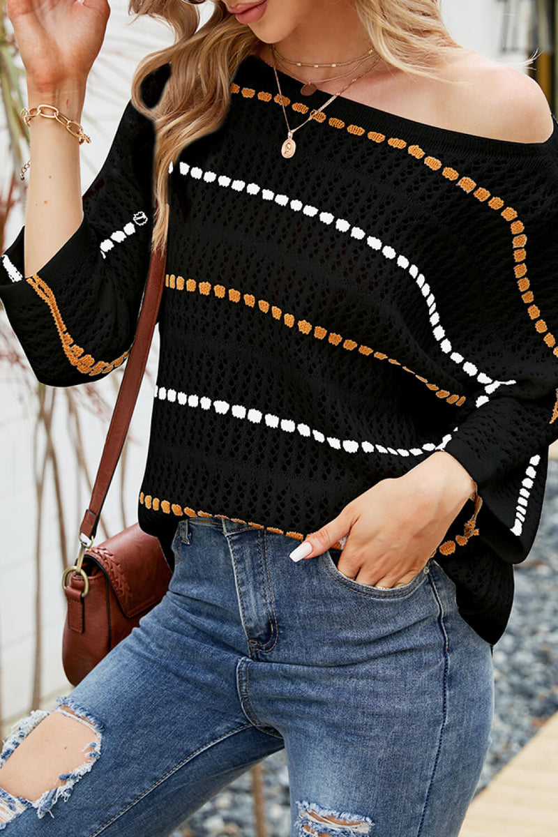 Striped Three-Quarter Sleeve Knit Top