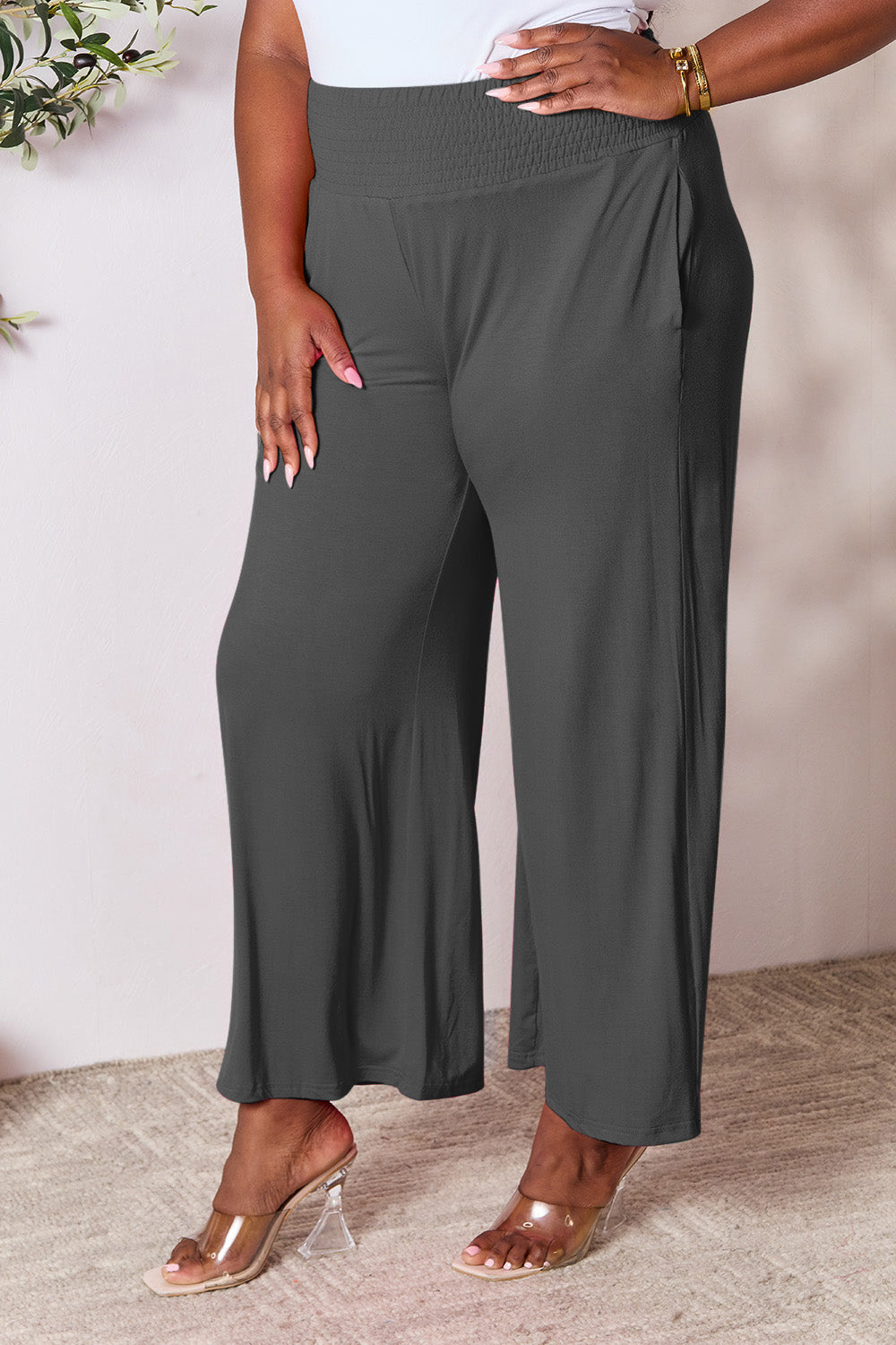 Smocked Wide Waistband Wide Leg Pants