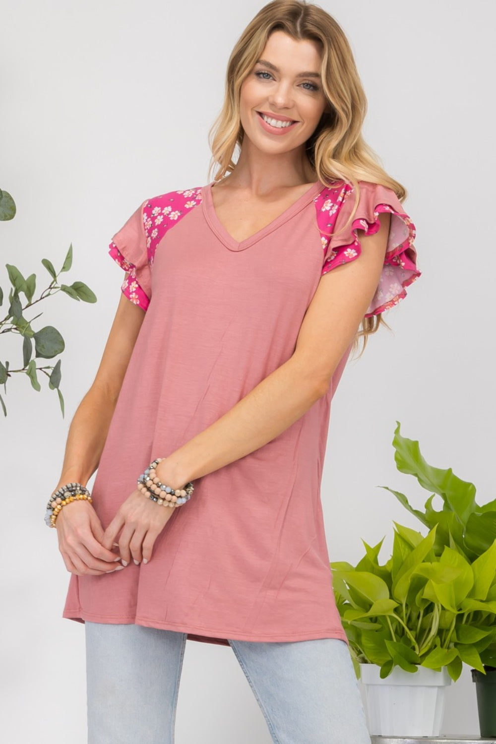 Floral Contrast Short Sleeve Top