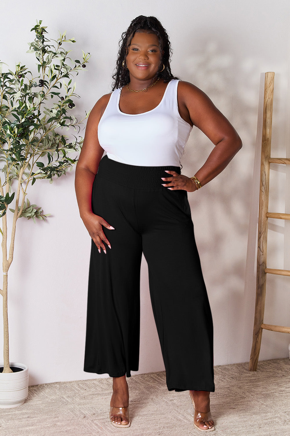 Smocked Wide Waistband Wide Leg Pants