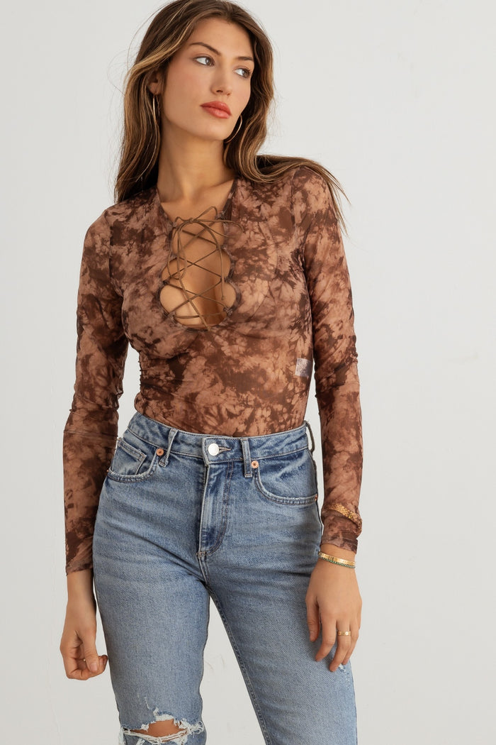 Abstract Mesh Lace-Up Bodysuit