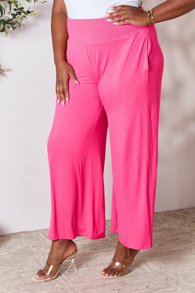 Smocked Wide Waistband Wide Leg Pants