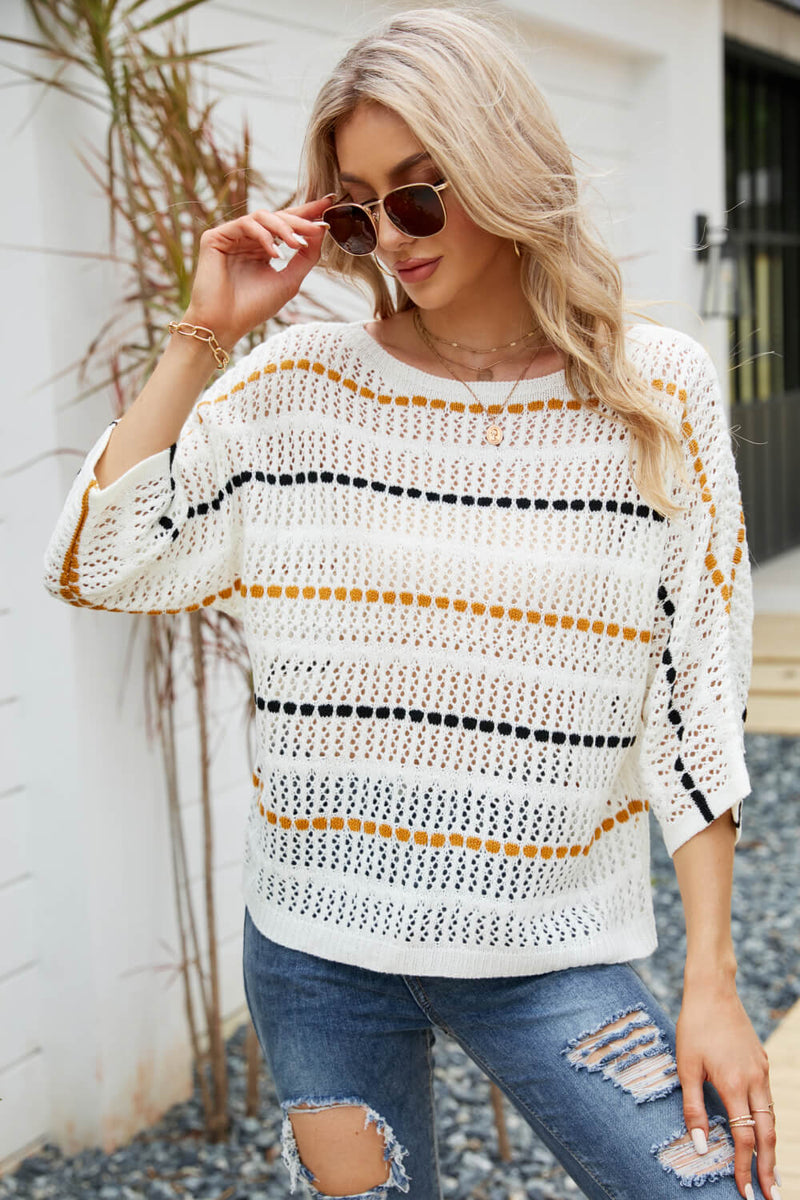 Striped Three-Quarter Sleeve Knit Top