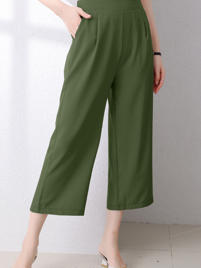 Pocketed Half Elastic Waist Pants