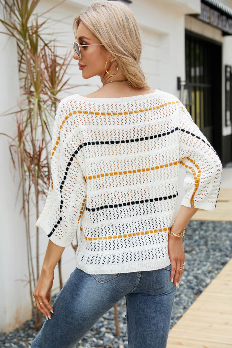 Striped Three-Quarter Sleeve Knit Top