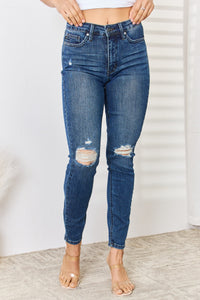 Mid Waist Distressed Slim Jeans