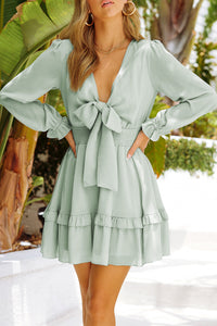 Tied Plunge Flounce Sleeve Dress