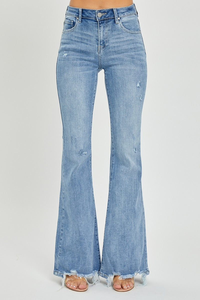 High Rise Frayed Hem Flare Jeans