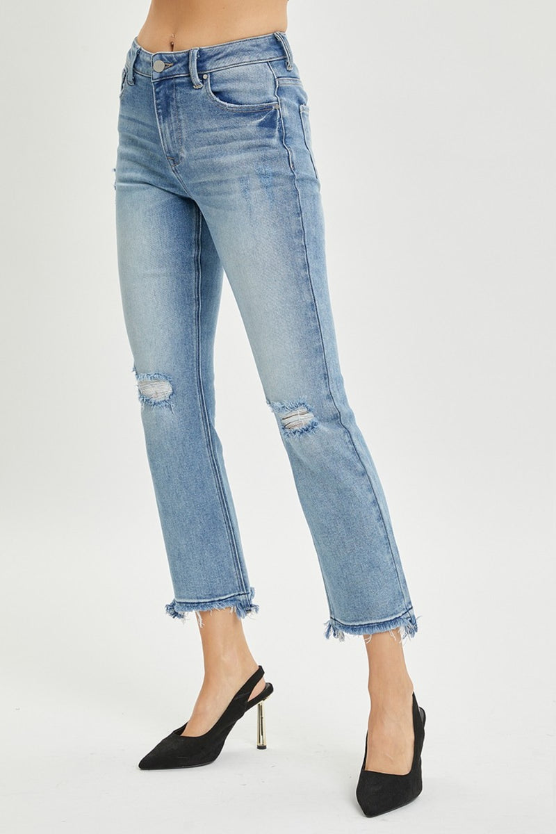 Distressed Cropped Straight Jeans