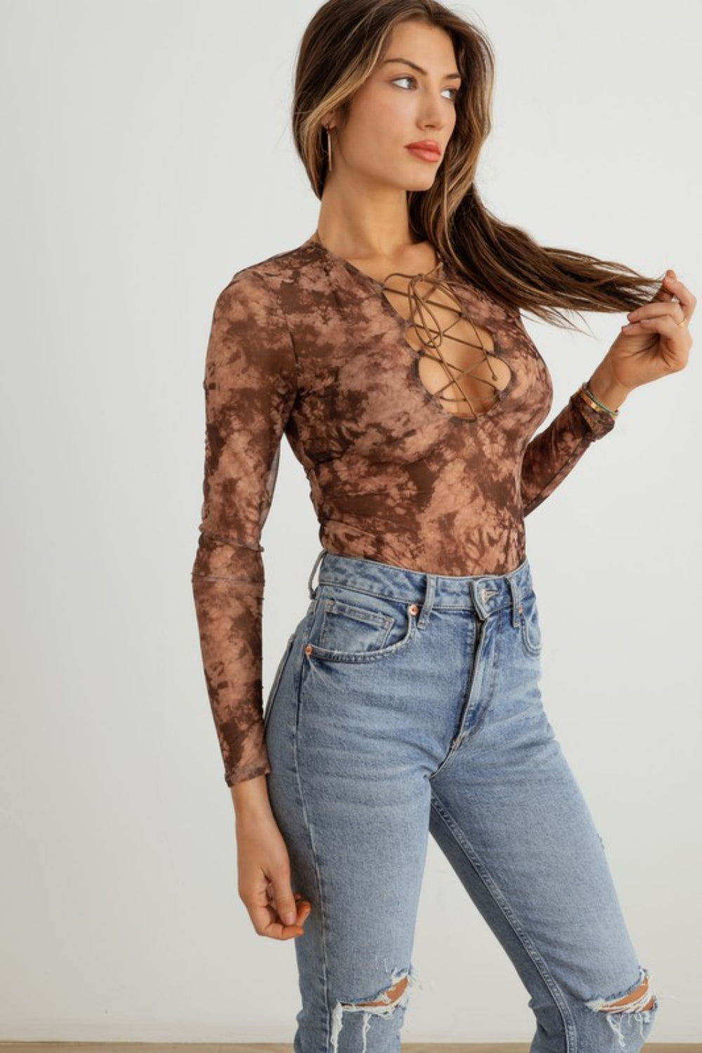 Abstract Mesh Lace-Up Bodysuit