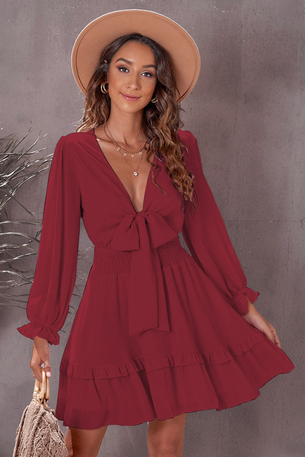 Tied Plunge Flounce Sleeve Dress