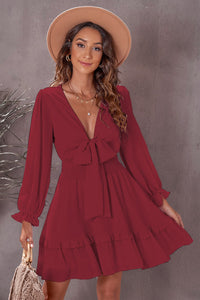 Tied Plunge Flounce Sleeve Dress