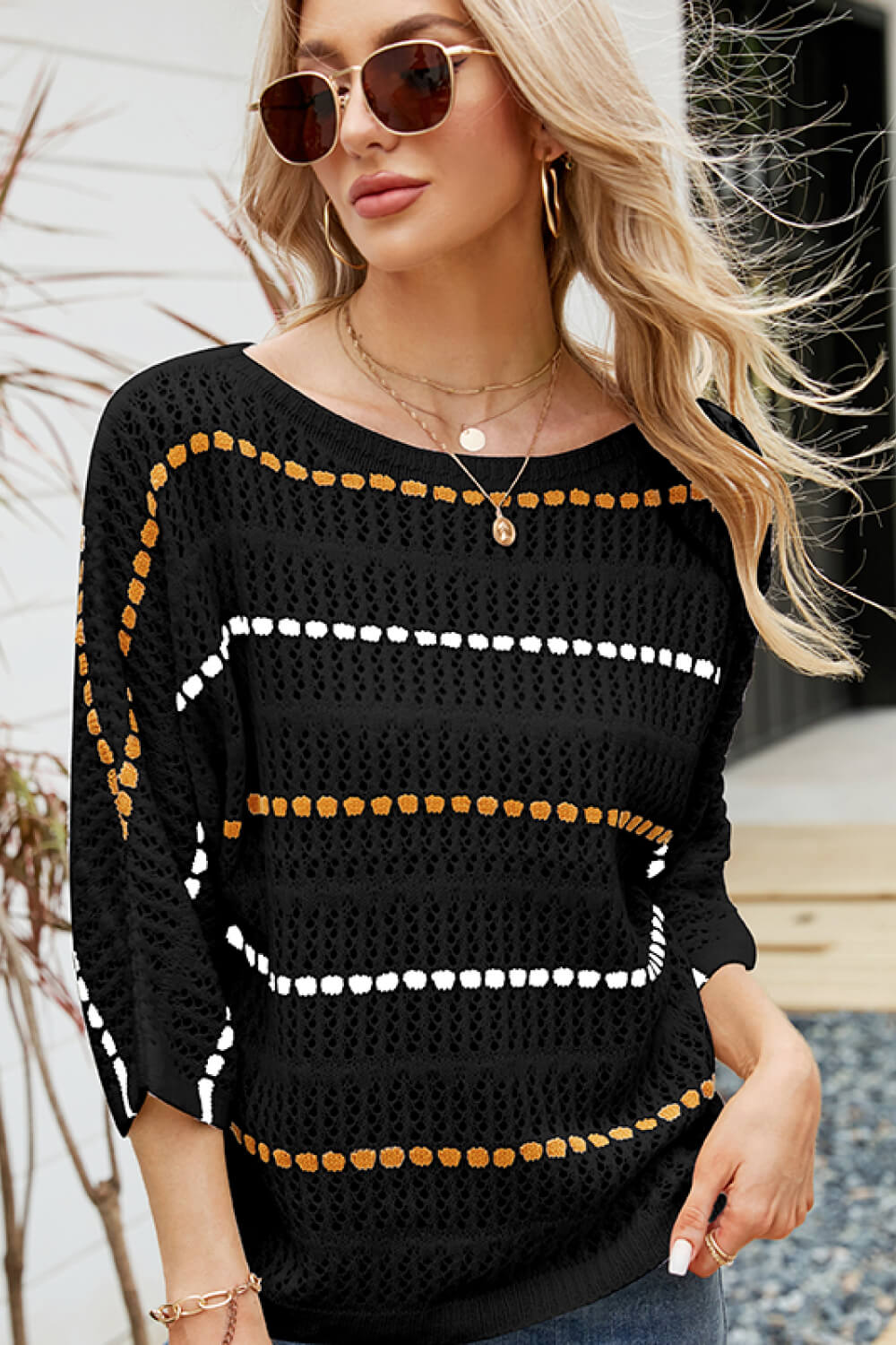 Striped Three-Quarter Sleeve Knit Top