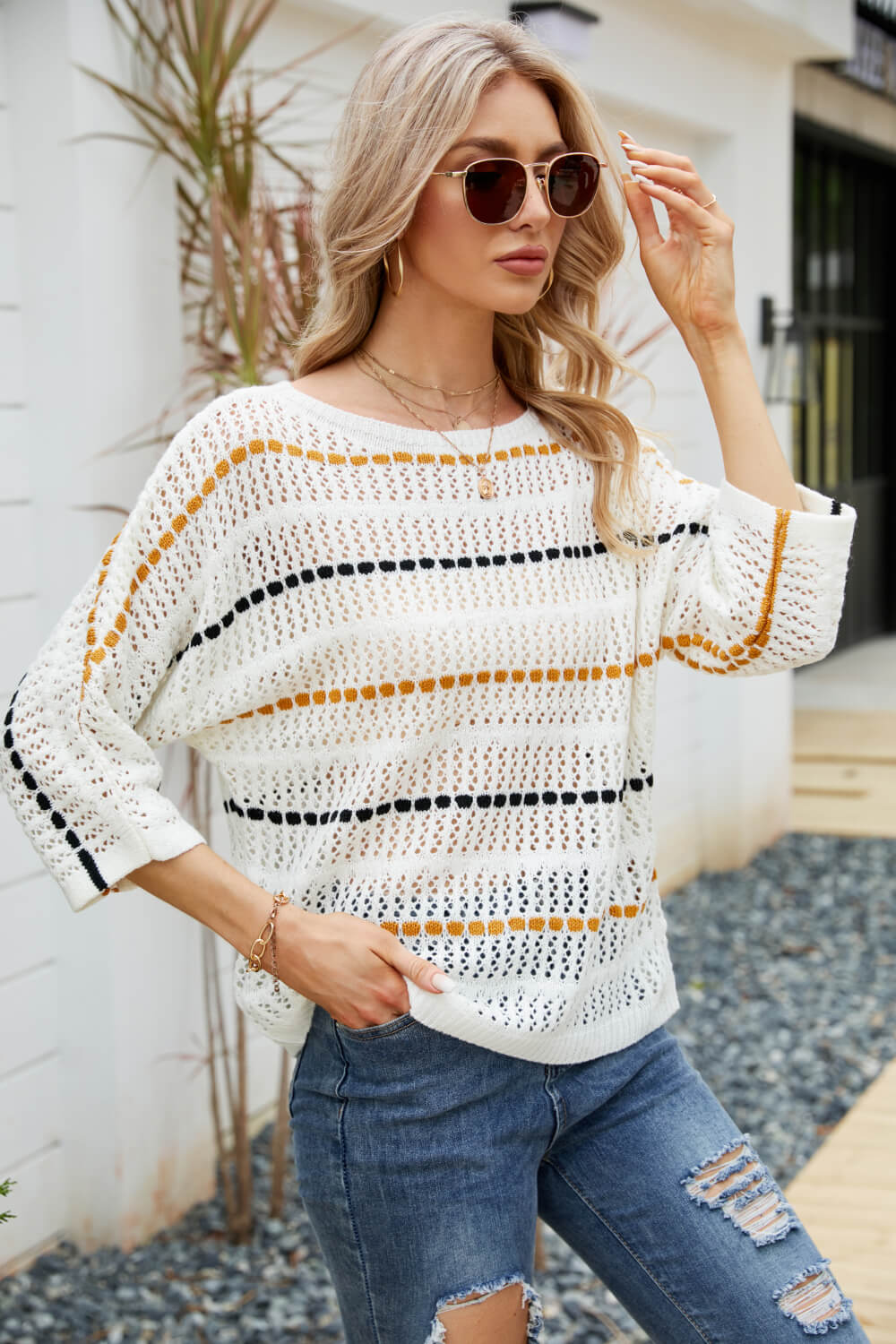 Striped Three-Quarter Sleeve Knit Top