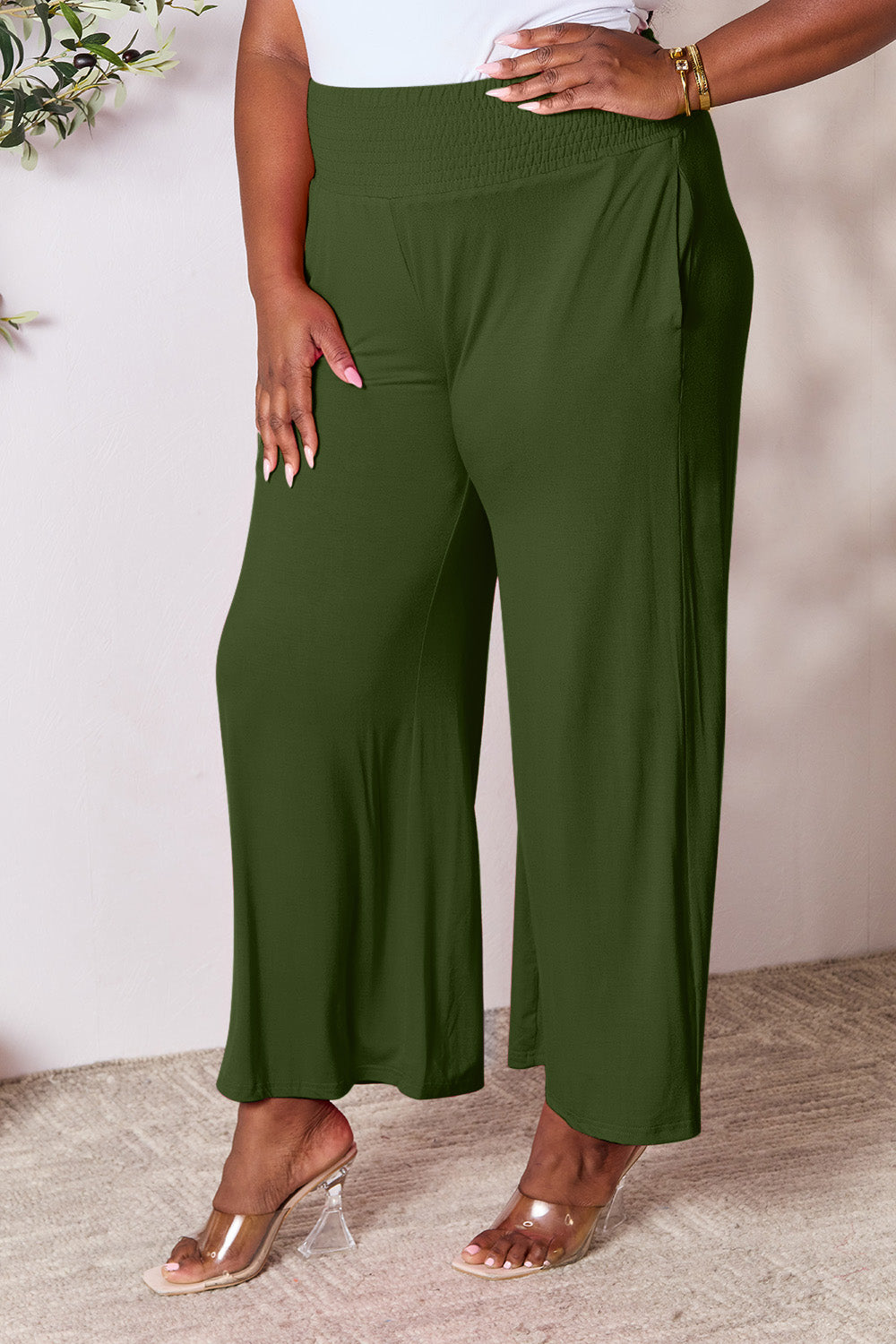 Smocked Wide Waistband Wide Leg Pants