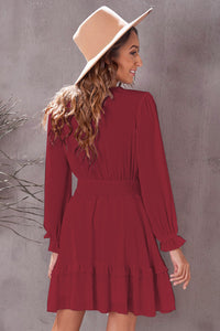 Tied Plunge Flounce Sleeve Dress