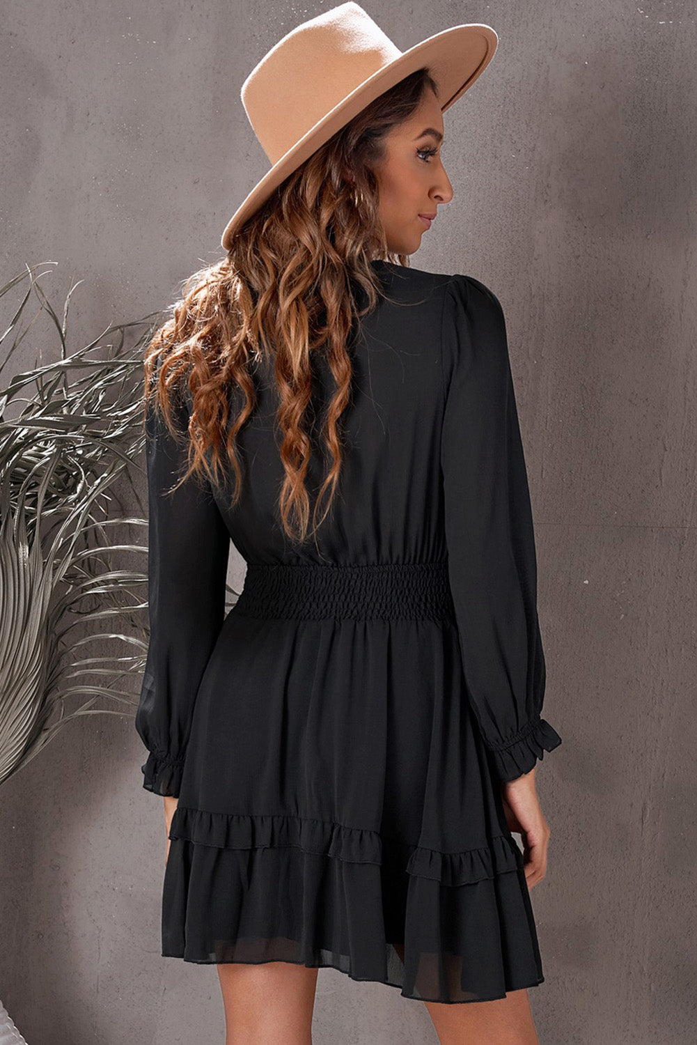 Tied Plunge Flounce Sleeve Dress