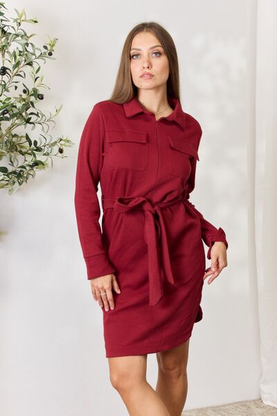 Tie Front Long Sleeve Shirt Dress