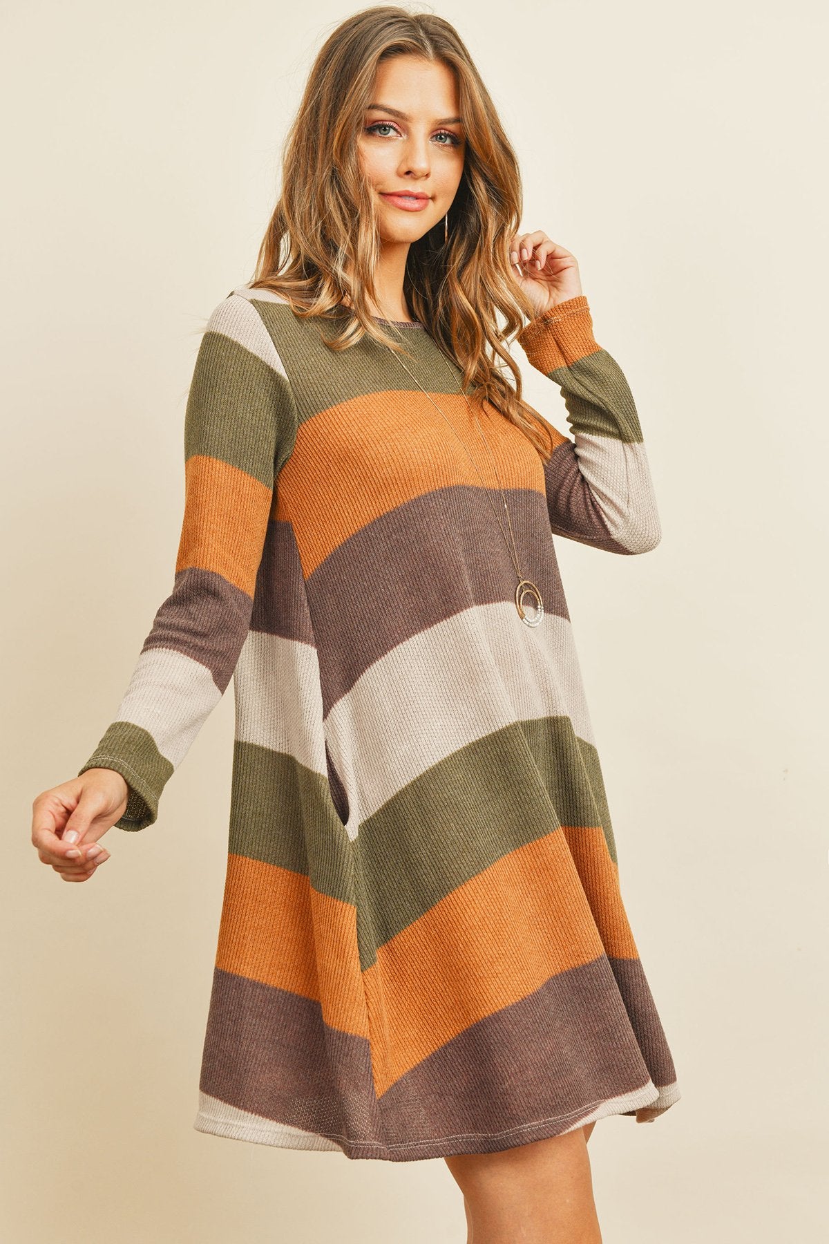 Long Sleeved Rib Stripe Pocket Dress