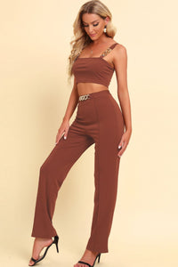 Chain Detail Cropped and Straight Leg Pants Set