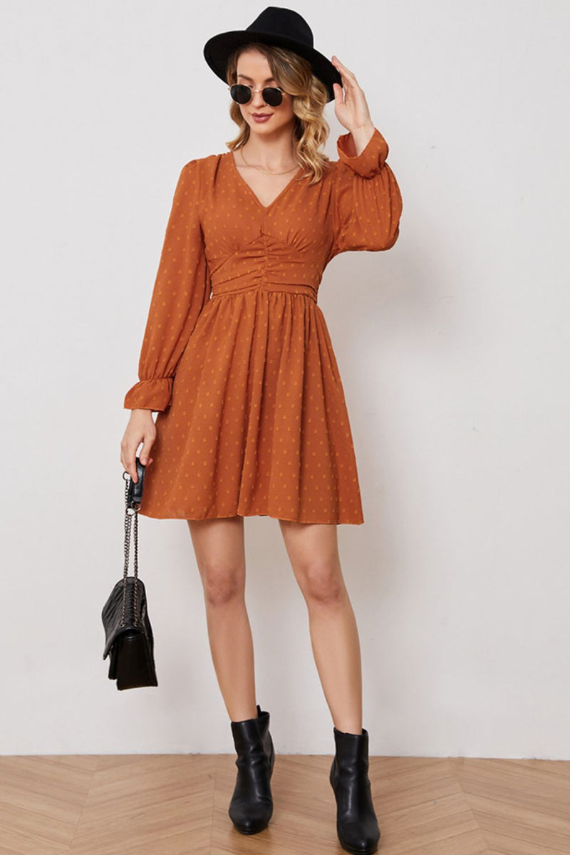 Swiss Dot Ruched Flounce Sleeve Dress