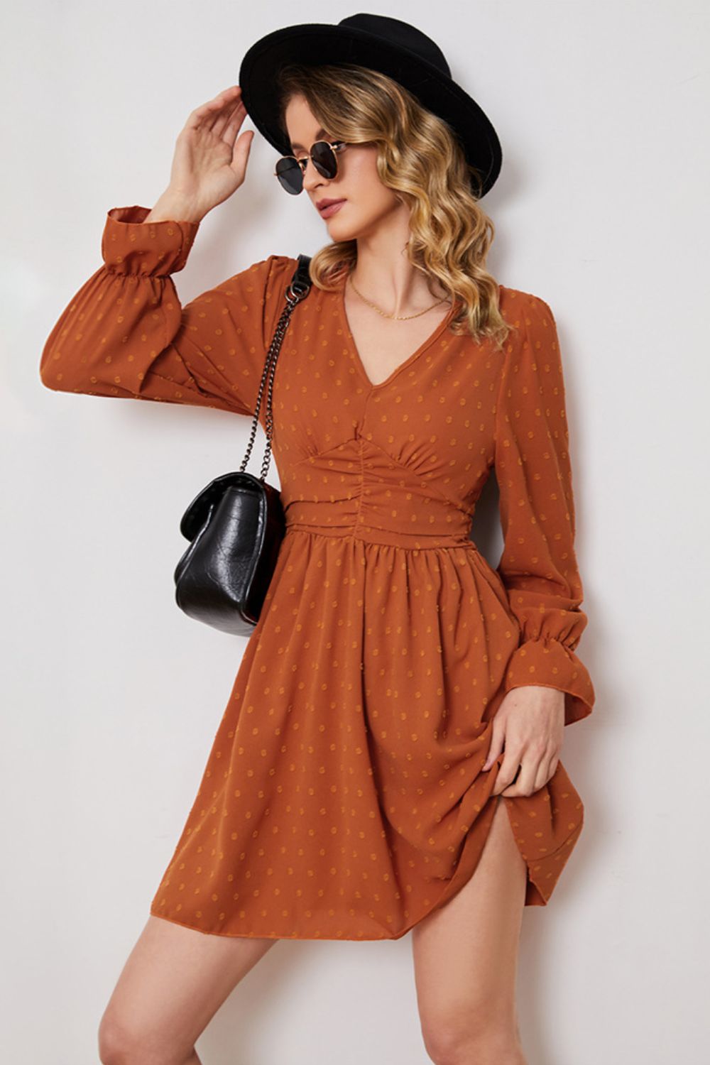 Swiss Dot Ruched Flounce Sleeve Dress