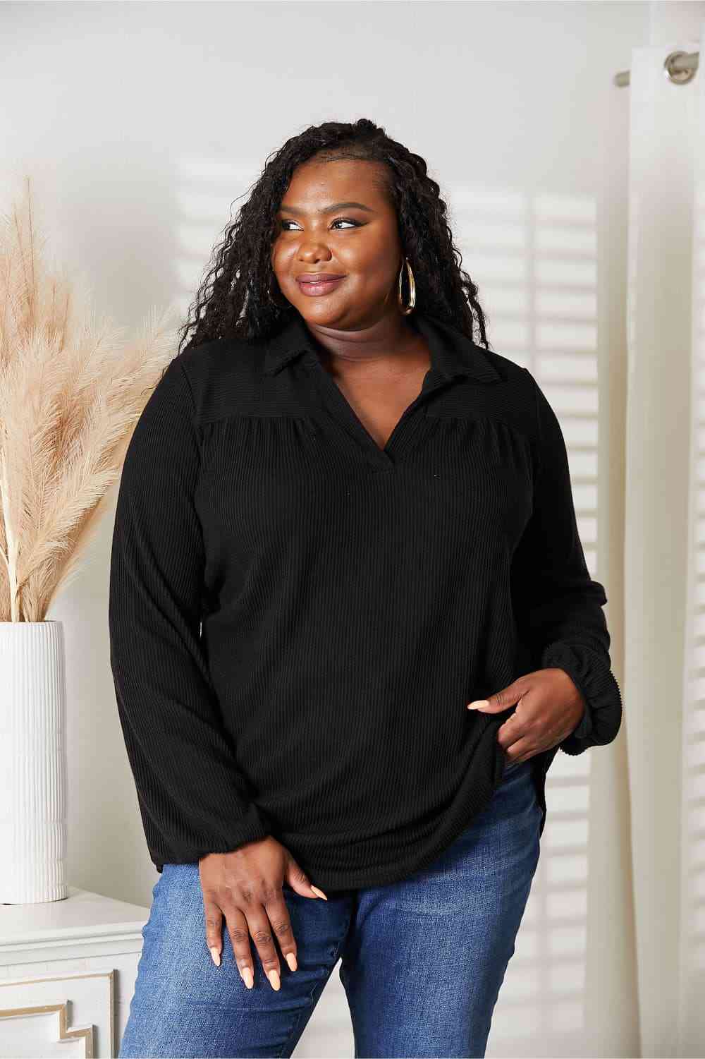 Black Long Sleeve Ribbed Blouse