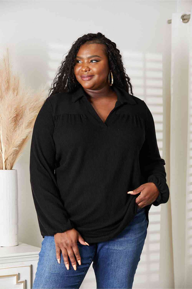 Black Long Sleeve Ribbed Blouse