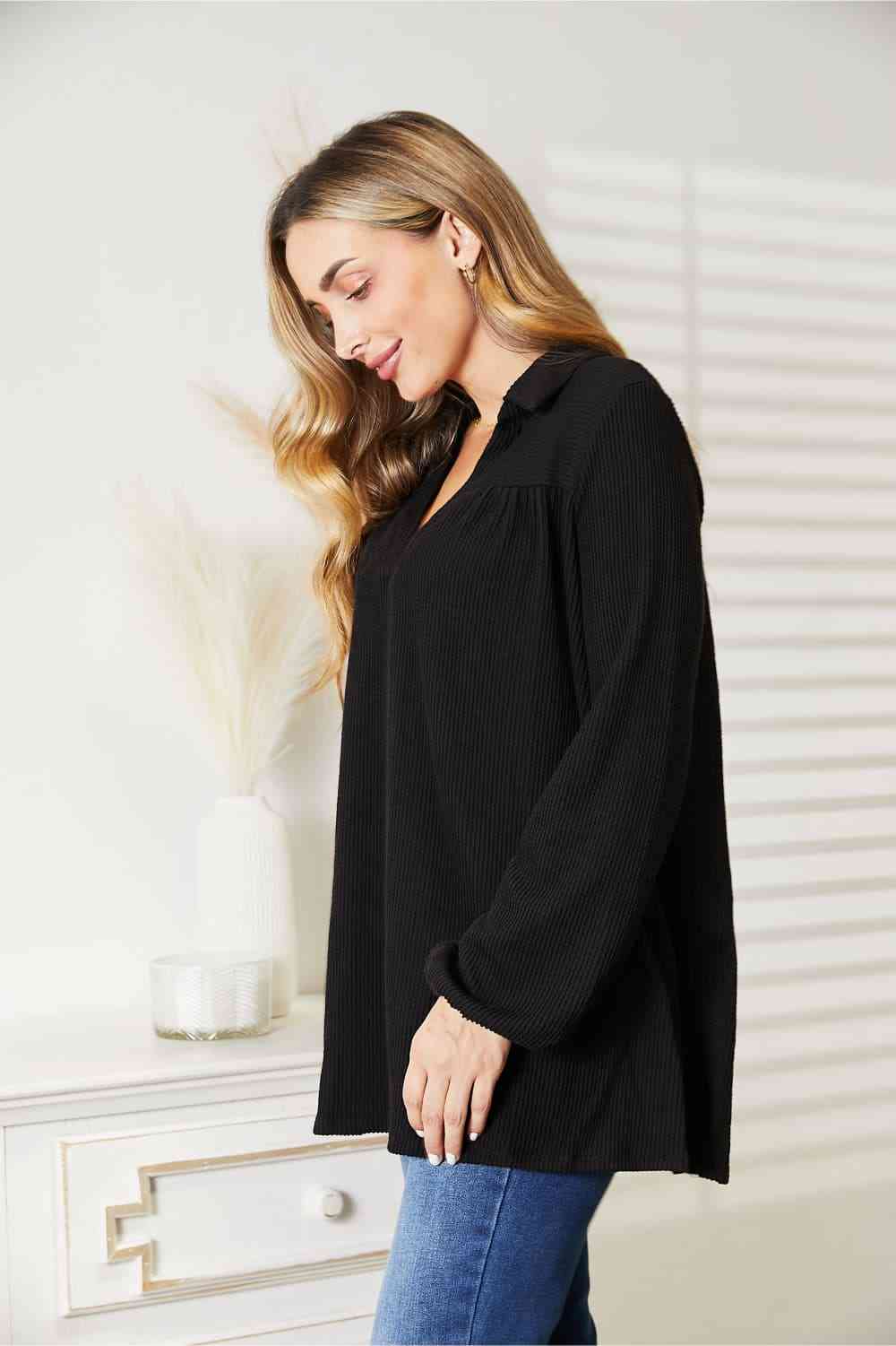 Black Long Sleeve Ribbed Blouse