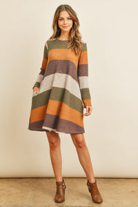 Long Sleeved Rib Stripe Pocket Dress