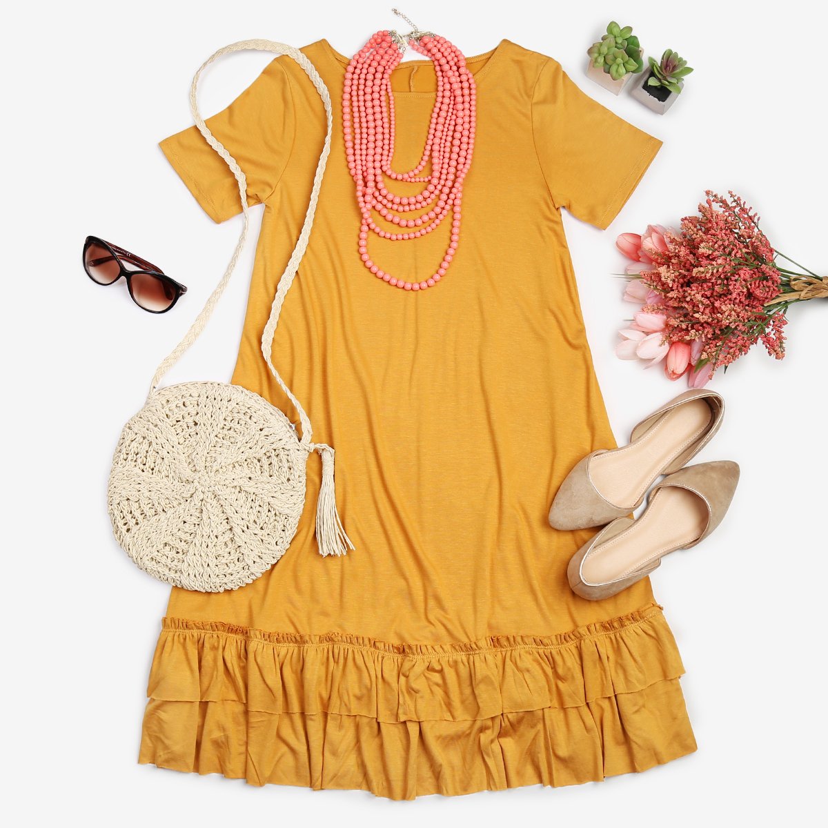 Short Sleeve Ruffled Hem Dress