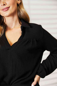 Black Long Sleeve Ribbed Blouse