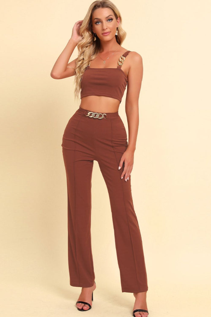 Chain Detail Cropped and Straight Leg Pants Set