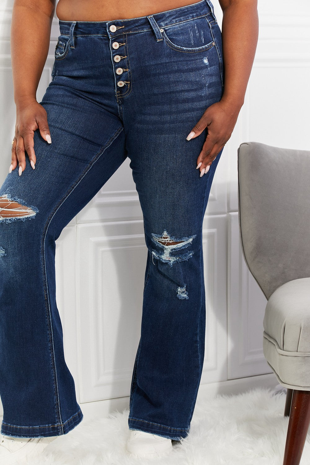 Midrise Button Flare Jeans