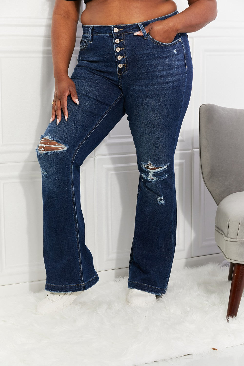 Midrise Button Flare Jeans