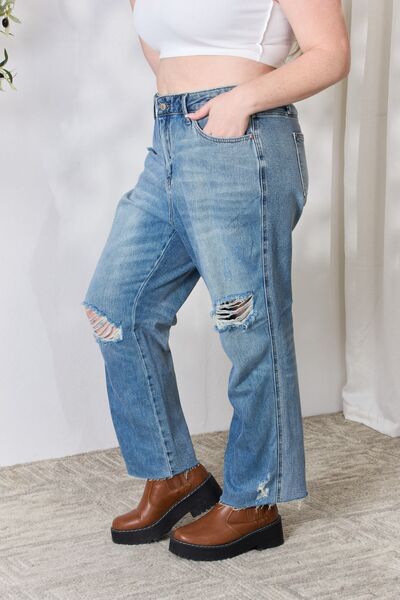 Distressed Raw Hem Straight Jeans