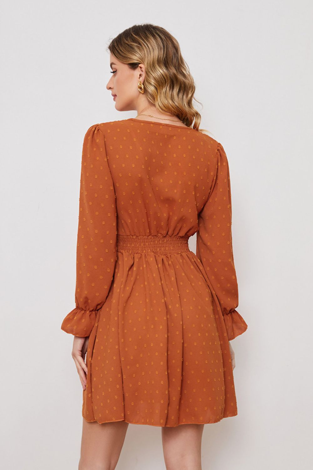 Swiss Dot Ruched Flounce Sleeve Dress