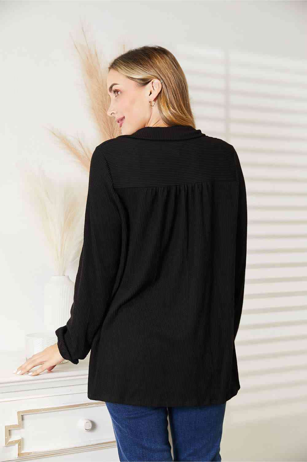 Black Long Sleeve Ribbed Blouse