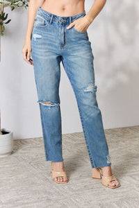 Distressed Raw Hem Straight Jeans