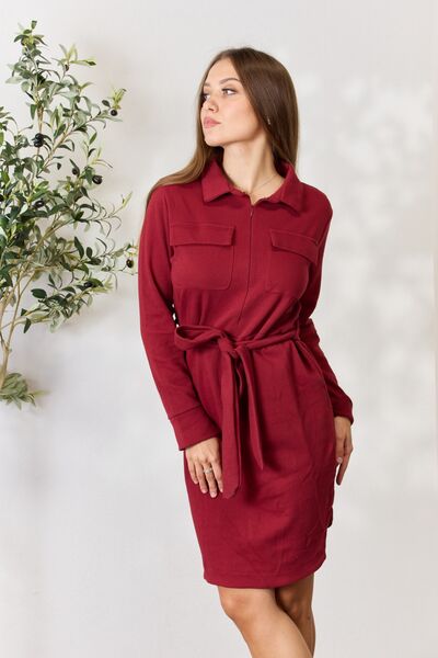 Tie Front Long Sleeve Shirt Dress