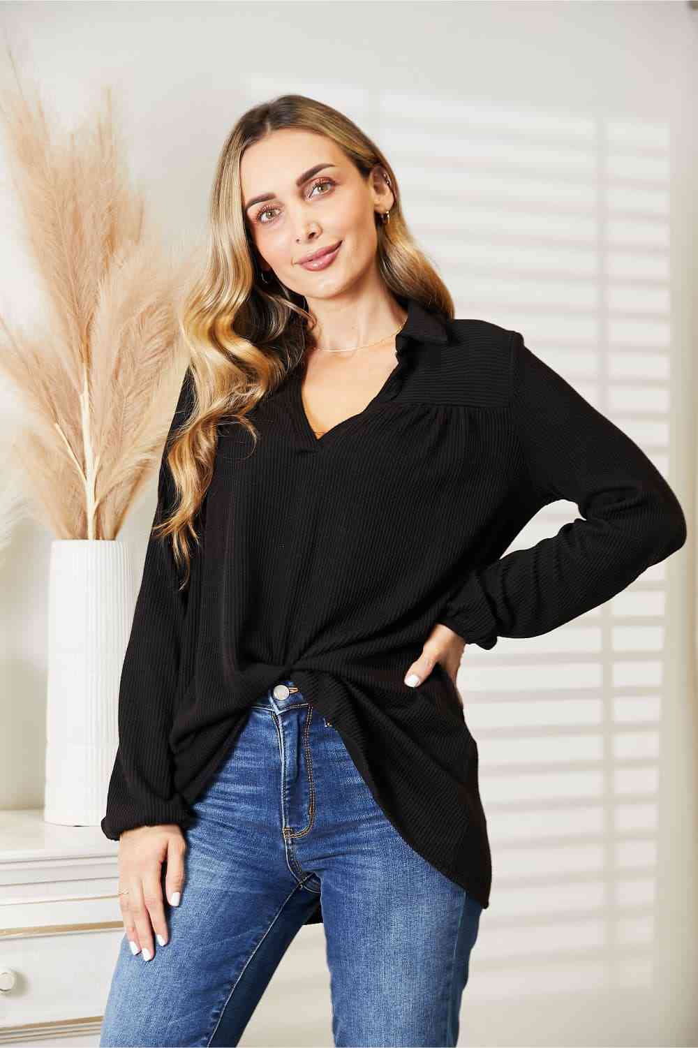 Black Long Sleeve Ribbed Blouse