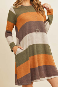 Long Sleeved Rib Stripe Pocket Dress