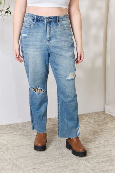 Distressed Raw Hem Straight Jeans