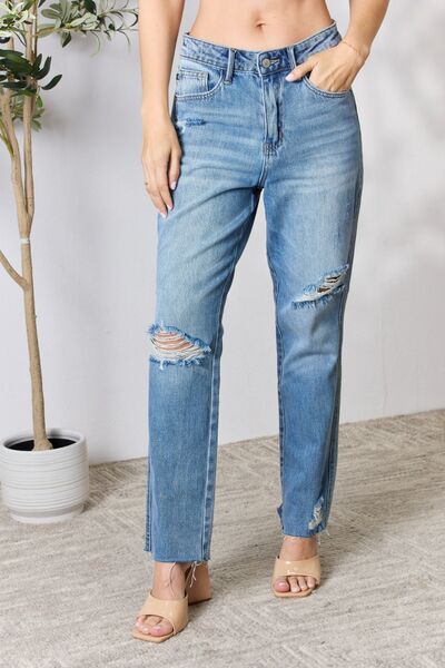 Distressed Raw Hem Straight Jeans