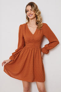 Swiss Dot Ruched Flounce Sleeve Dress