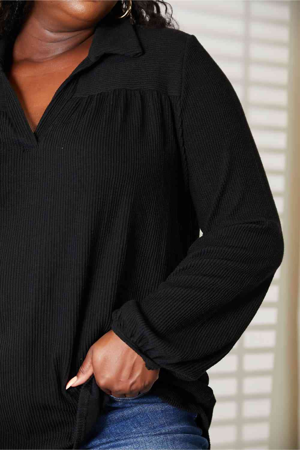 Black Long Sleeve Ribbed Blouse