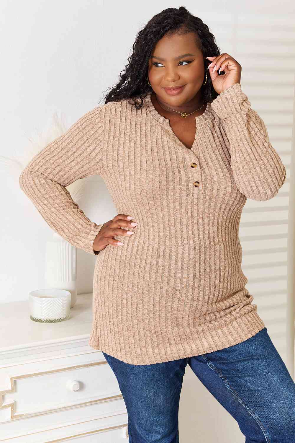 Khaki Ribbed Long Sleeve T-Shirt